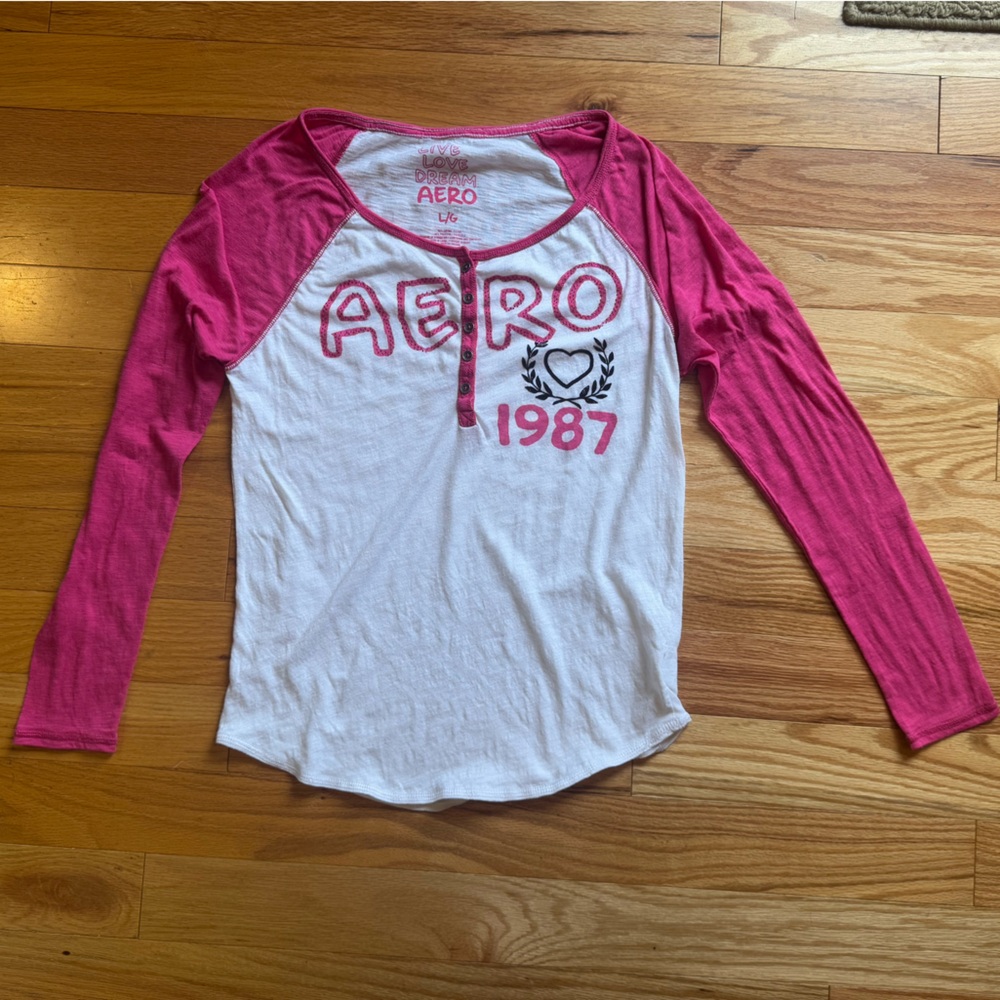 Aeropostale Pink White Long Sleeve Shirt Girls Large Casual Y2K Layering Tee